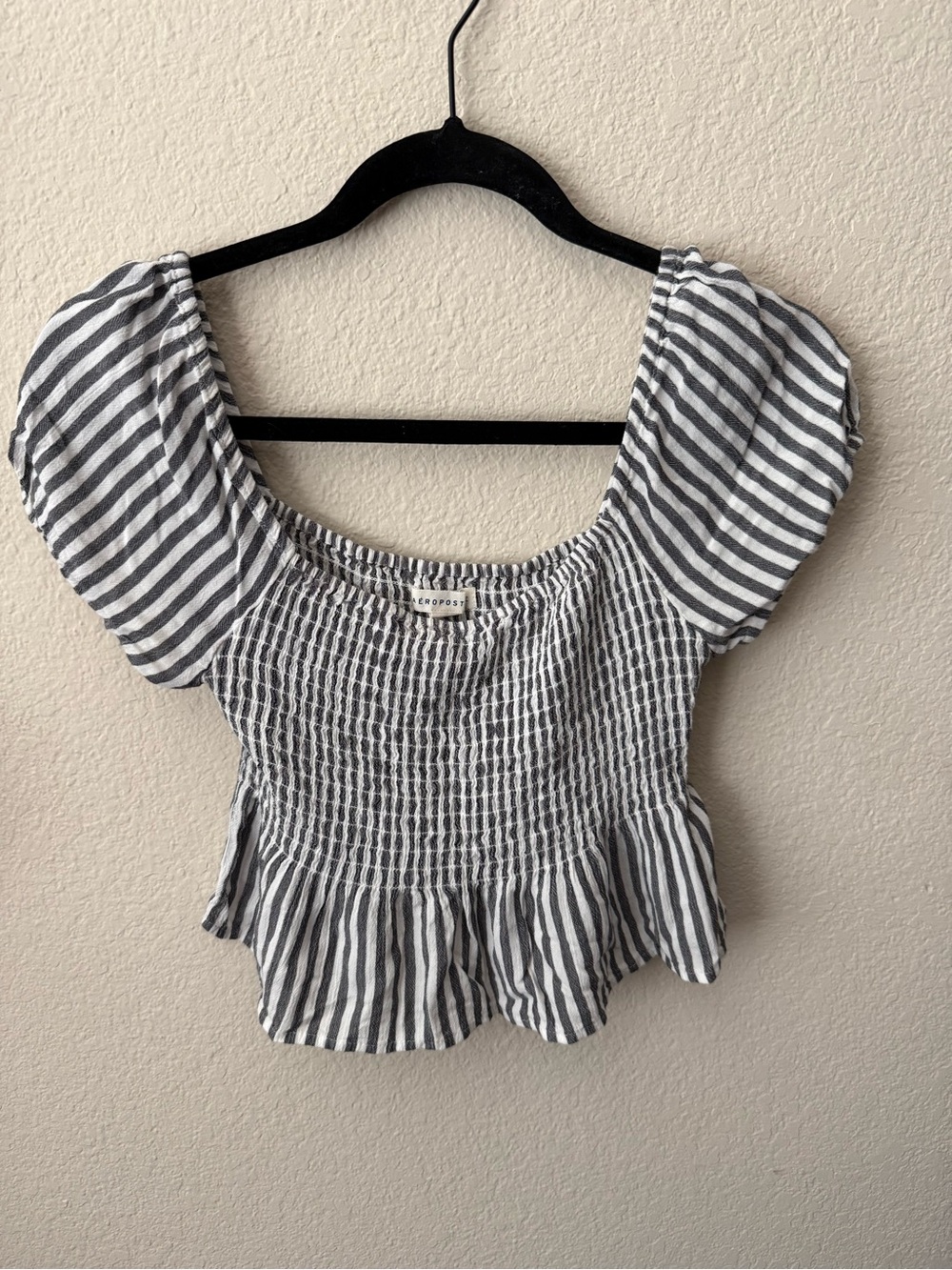 Striped Smocked Peplum Top - Gray & White